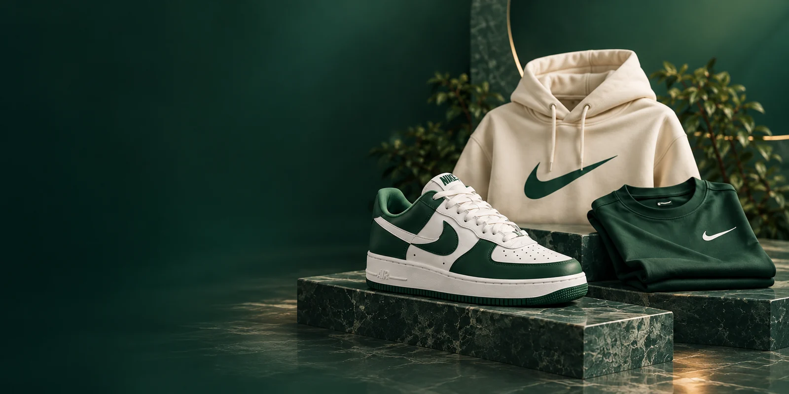 Nike sneakers and sportswear in a deep green editorial setting