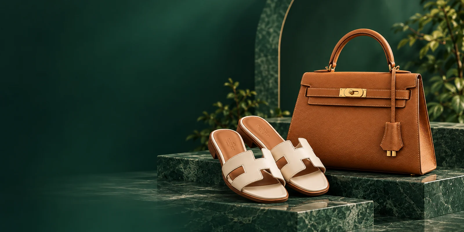 Hermès leather handbag and sandals in a deep green setting