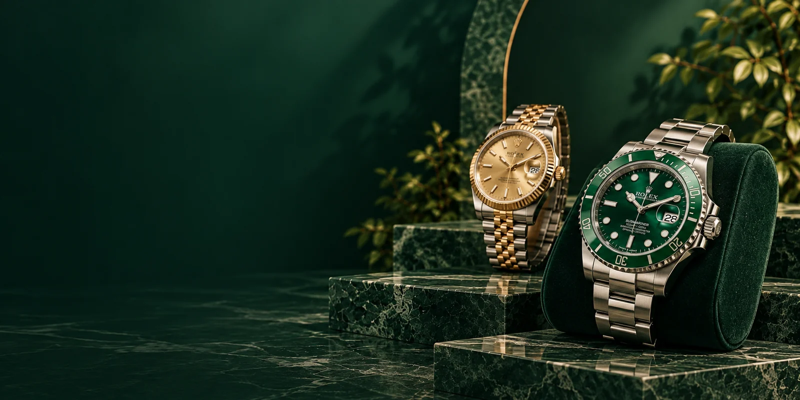 Rolex watches displayed on emerald marble in a forest green setting