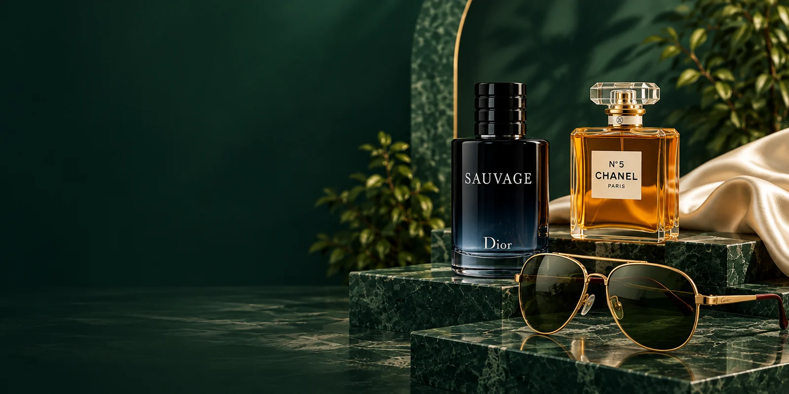 Dior and Chanel perfume bottles with Cartier sunglasses on green marble